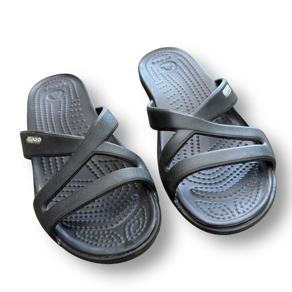Crocs Patricia Black Criss Cross Wedge Sandals Women's Size 7 - Picture 2 of 12